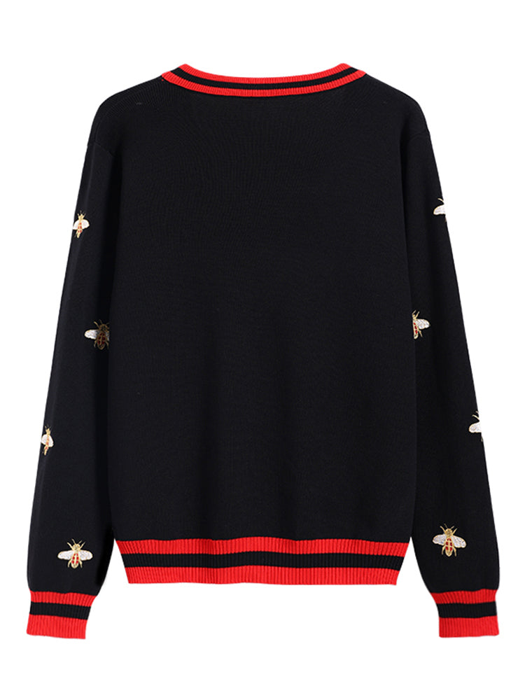 Women's Bee Embroidery Contrast Knit Cardigan Sweater