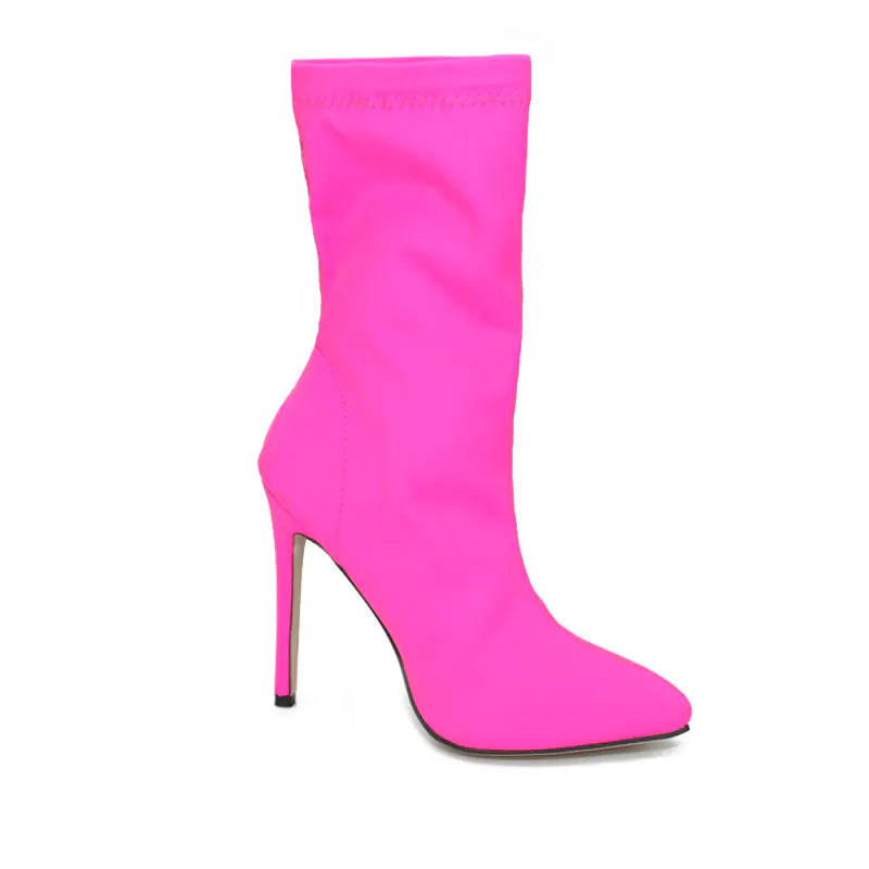 Candy Color Pointed Toe Elastic High Heels Booties