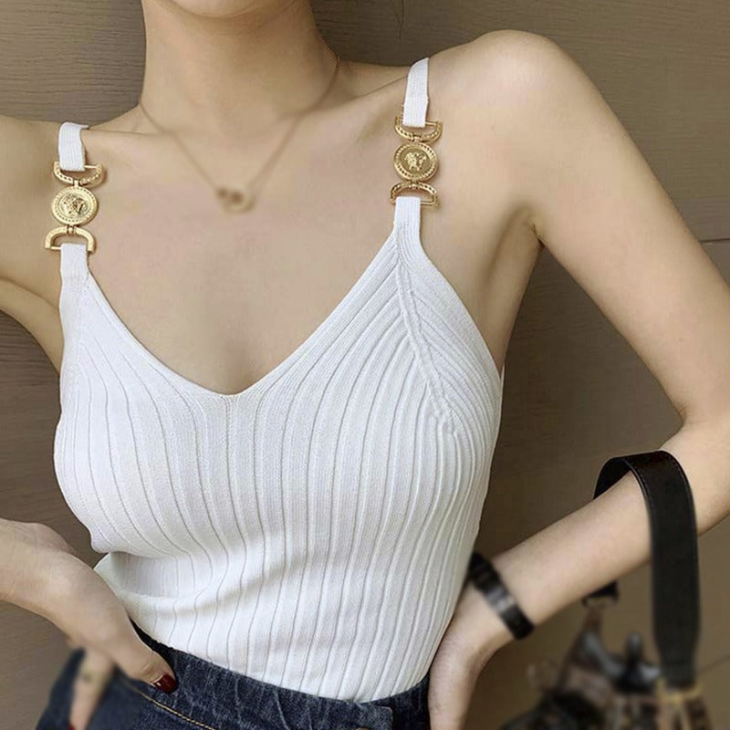 V-neck Summer Off-Shoulder Solid Color Women's Tank Top