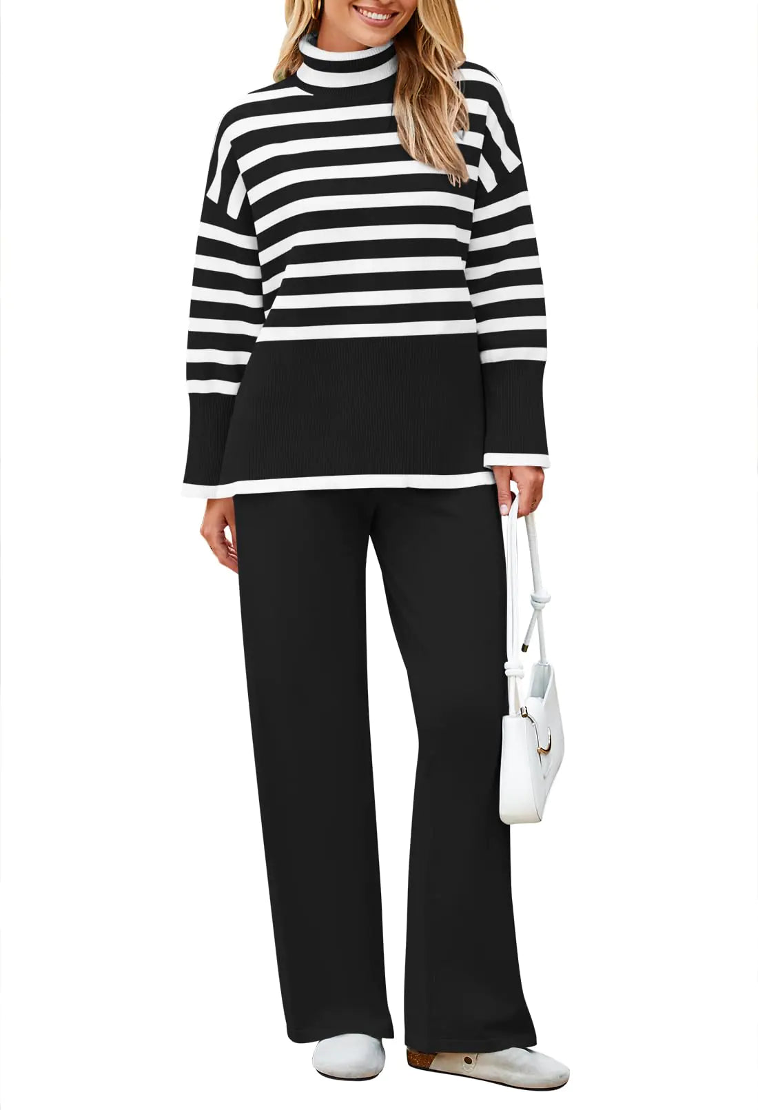 Two Pieces Long Sleeve Striped Sweater and Wide Leg Pants, Tracksuit for women