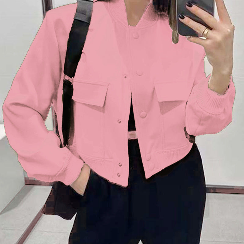 Fashion Button Stand-collar Jacket With Big Pockets. Casual Loose Short Outwear Tops Coat For Women