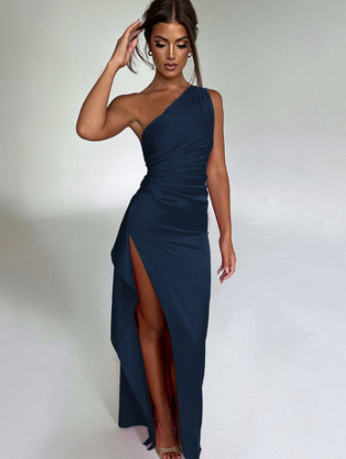 Sexy One-shoulder Backless Slit Dress. Summer Elegant Satin Dresses For Women