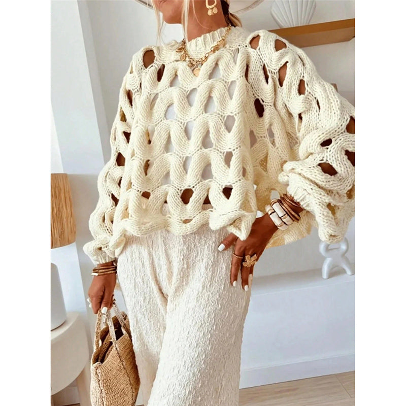 Womens Crewneck Elegant Soft Sweater. Long Sleeve Hollow Out Crochet Knit Pullover Tops