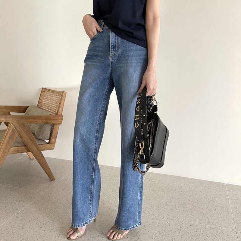 Korean Style Rolled-up Casual Jeans. High Waist Slim Straight Leg Pants Women