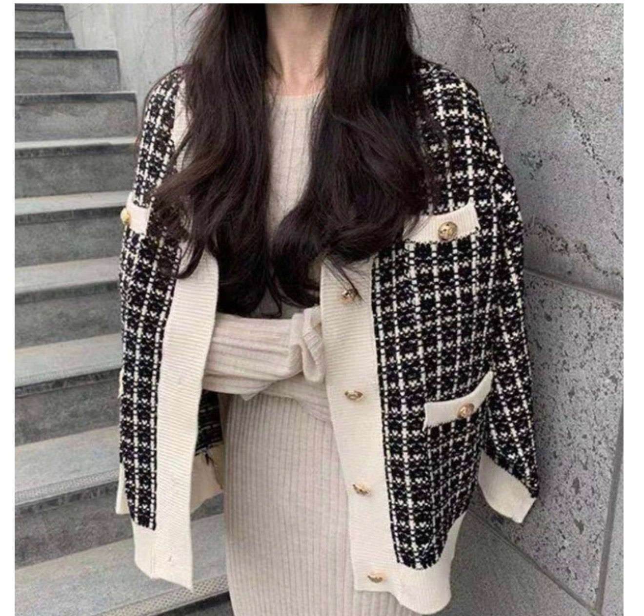 Women's Knitted Plaid Cardigan Jacket - Loose Fit