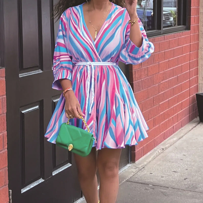 Women's V-Neck Rainbow Stripe Short Dress. Three Quarters Sleeve Casual Summer Sundress With Tie Waist