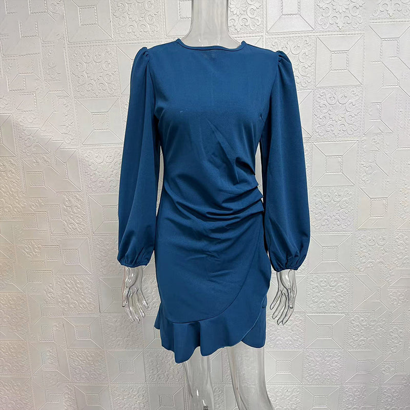 Women's Solid Color Bohemian Puff Sleeve Dress - Slim Fit Round Neck Long Sleeve Dress For Casual & Semi-Formal Occasions