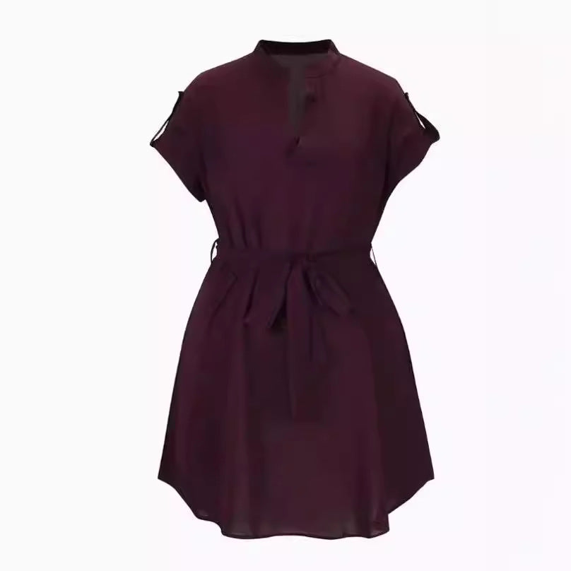 V-neck Short Sleeve Dress With Belt. Summer Fashion Bowknot Dresses For Women Clothing