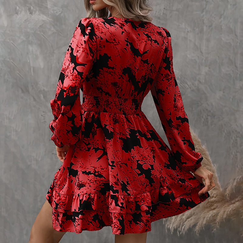 Women's Elegant Printed Lantern Sleeve A-Line Dress. V-Neck, Ruffled Gathered Waist Detail, Flowy Midi Dress For Casual & Formal Occasions