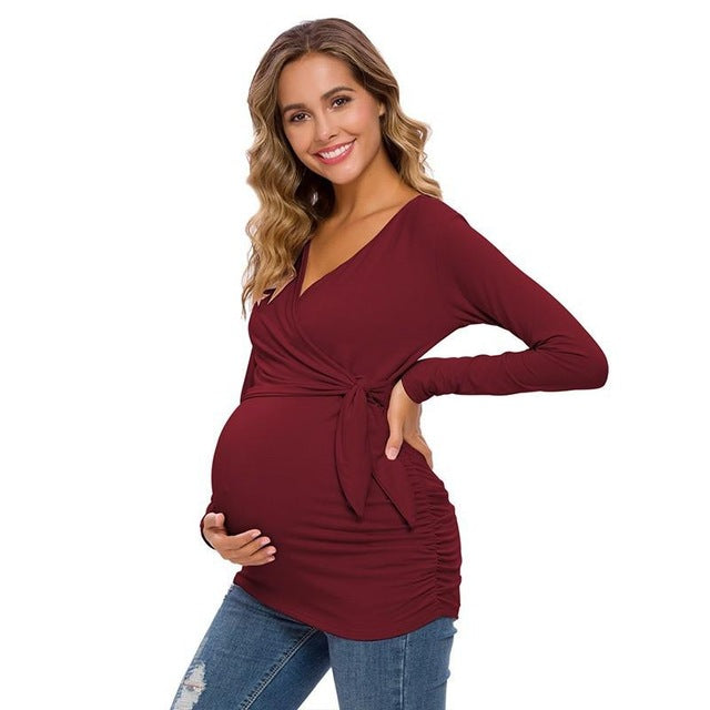 Long Sleeve V Neck Maternity Blouses and Tops