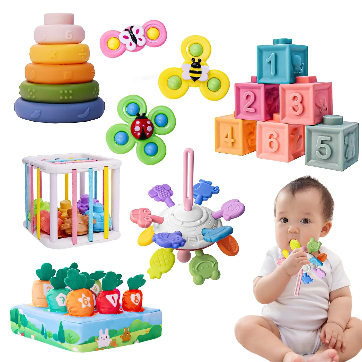 Baby toys. 6 - 12 month 6-in-1 Set Infant Sensory Toys. Spinner, Blocks Stacking, Learning toys. Gif