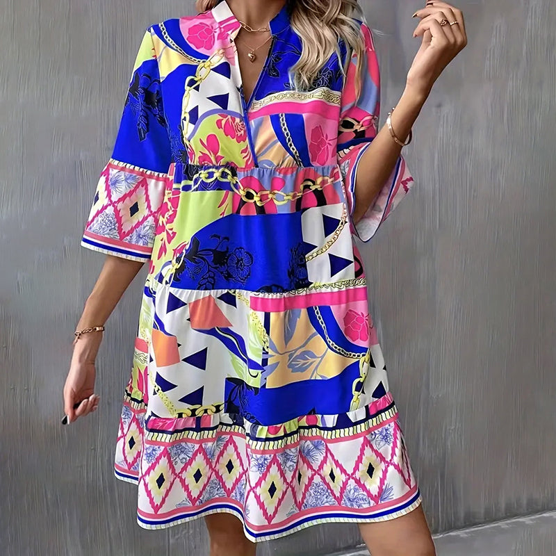 Womens Mini Dress. Casual V-Neck Printed Flared dress, Sleeve Pleated Short Beach Dresses