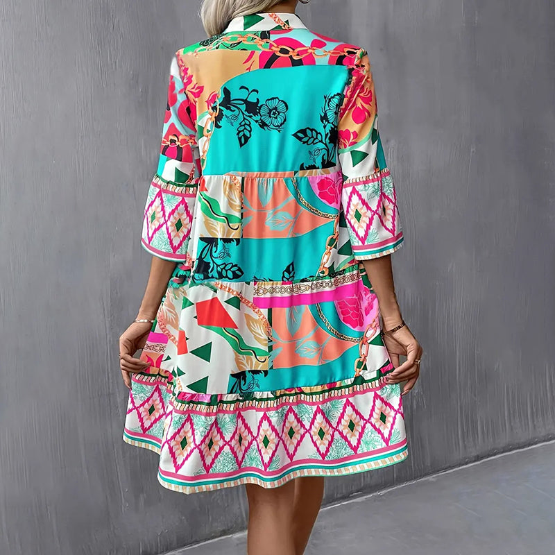 Womens Mini Dress. Casual V-Neck Printed Flared dress, Sleeve Pleated Short Beach Dresses