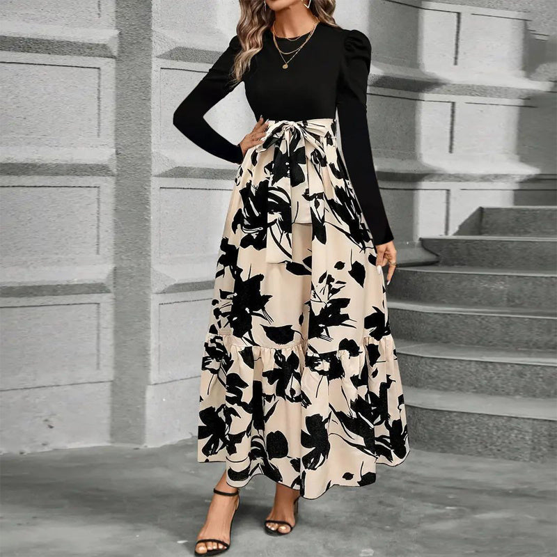 Women's Round Neck Long Sleeve Dresses. Patchwork Print & Pleated Spring & Fall Maxi Dress