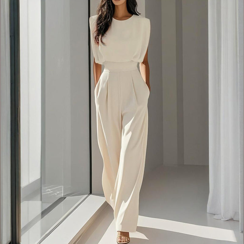 Women's Solid Color Round Neck Jumpsuits. Short Sleeve Wide-Leg, Waist Design & Pockets Casual Romper For Spring & Summer