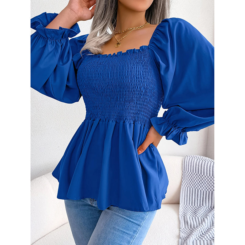 Women's Peplum Tops. Square Neck Ruffle Trim Long Sleeve Blouse, Smocked Top Dressy Casual Shirts