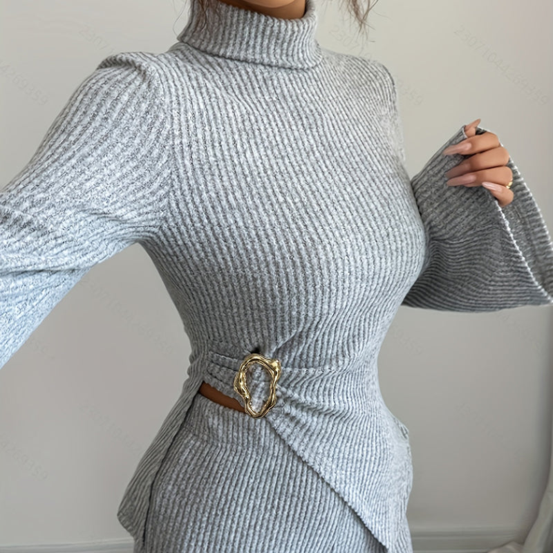 Womens 2 Piece Outfits. Turtleneck Matching Lounge Set, Flare Sleeve Asymmetrical Top & Wide Leg Pants