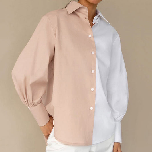 Temperament Commuter Long-sleeved Simple Niche Design Sense Stitching Contrast Color Ladies Shirt