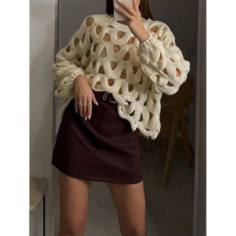 Womens Crewneck Elegant Soft Sweater. Long Sleeve Hollow Out Crochet Knit Pullover Tops