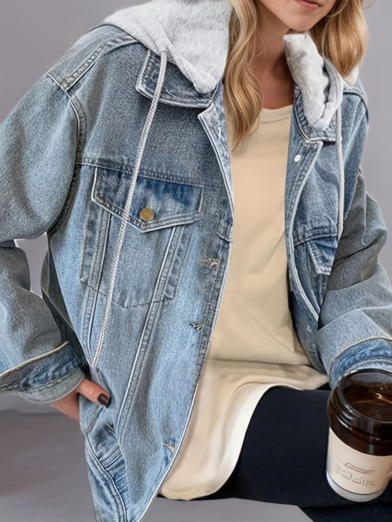 Women's Hooded Denim Jacket. Oversized Retro Elastic And Loose coat, Comfortable And Lightweight