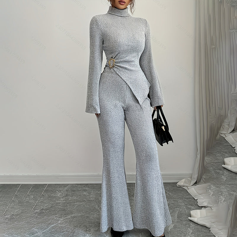 Womens 2 Piece Outfits. Turtleneck Matching Lounge Set, Flare Sleeve Asymmetrical Top & Wide Leg Pants