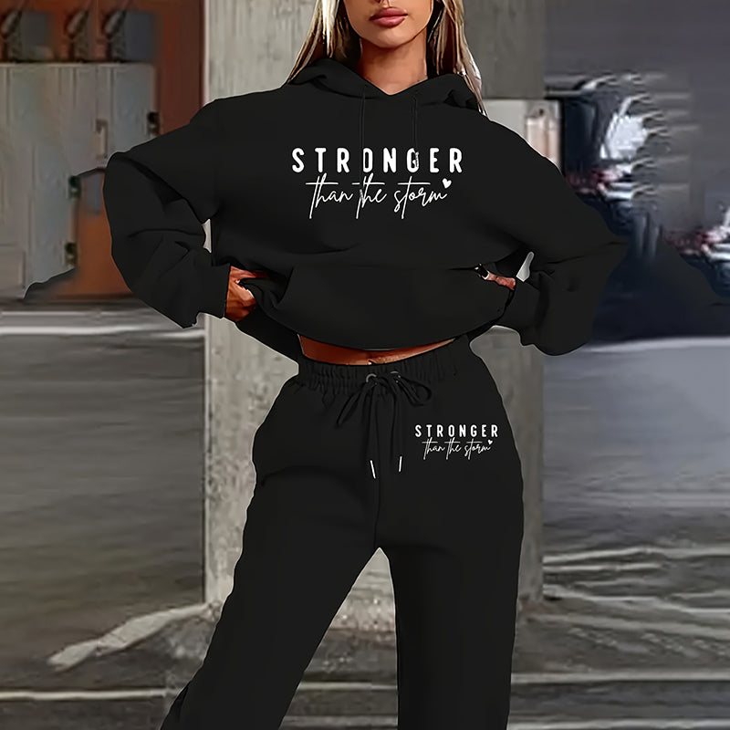 Solid 2-Piece Letter Print Hoodie With Pocket & Drawstring Jogger Pants, Casual Tracksuit for women