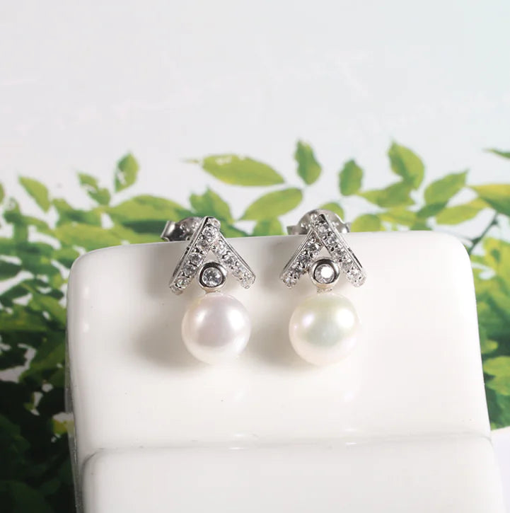 Crown Necklace, Pearl Studs, Round Shell Earrings