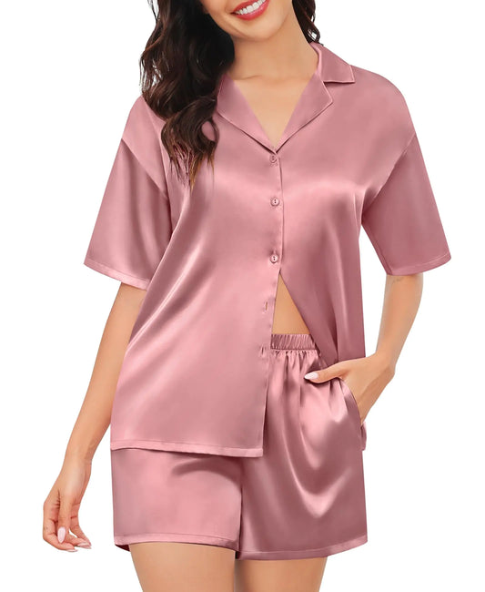 Womens Silk Satin Pajamas 2-piece Set. Short Sleeve Sleepwear Button Down Top and Shorts Loungewear Bride Soft