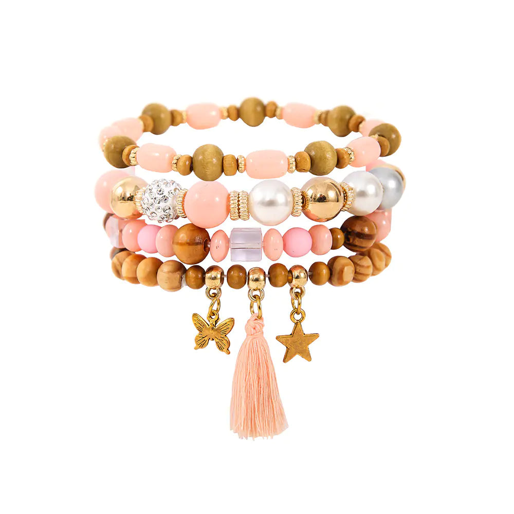 Ethnic Wooden Bead Tassel Bracelet Set