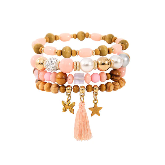 Ethnic Wooden Bead Tassel Bracelet Set