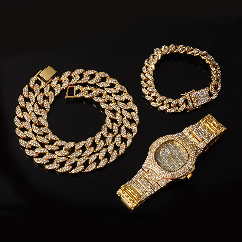 Hip Hop Cuban Chain Necklace Bracelet Set