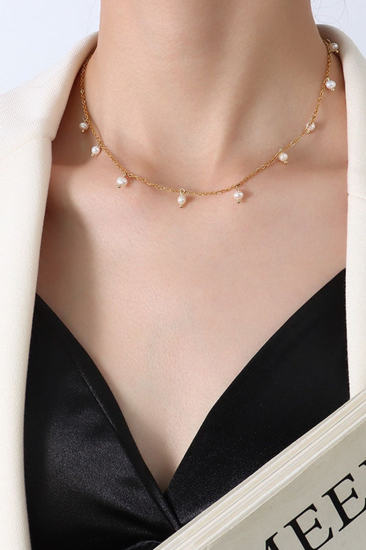 Pearl Titanium Steel Plated 18K Real Gold Colorfast Pearl Starry Necklace