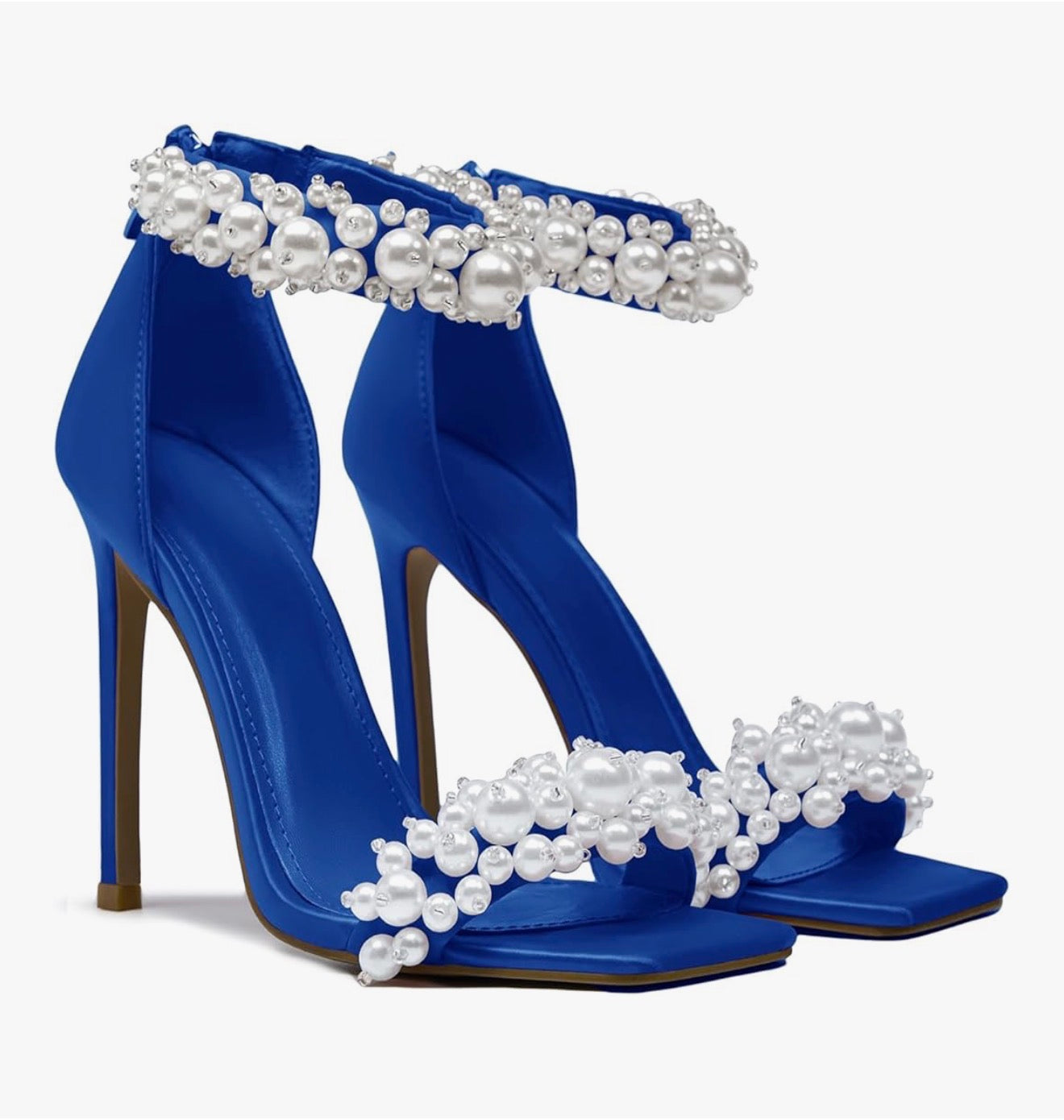 Womens Blue Pearl Stiletto Heels. Open Square Toe sparkly Ankle Shoes, Back Zipper bridal Satin Heels. Sexy prom Party Dressy Shoes. size 6