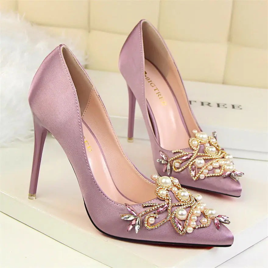 Elegant Satin Pointed-Toe High Heels with Pearls