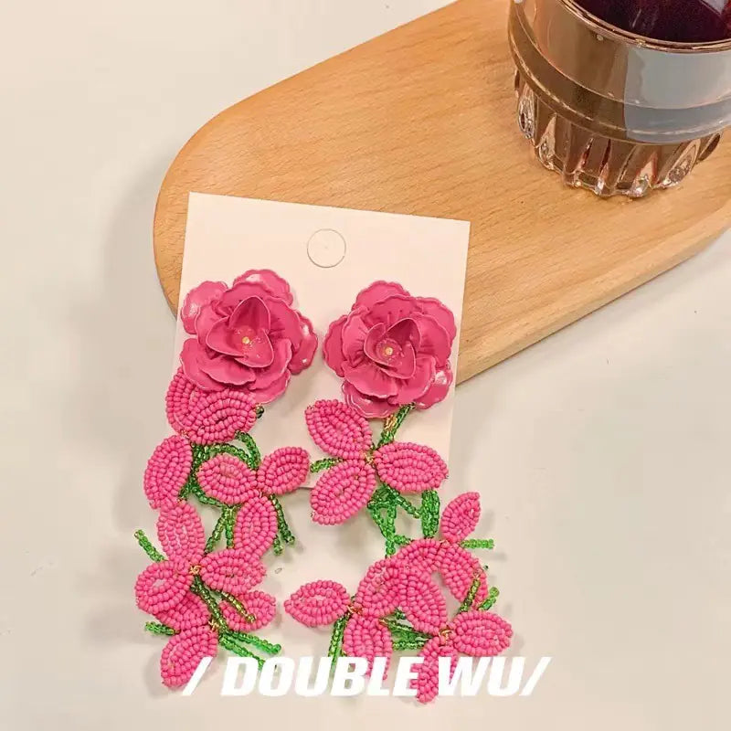 Handmade Beaded Flower Tassel Earrings for Women