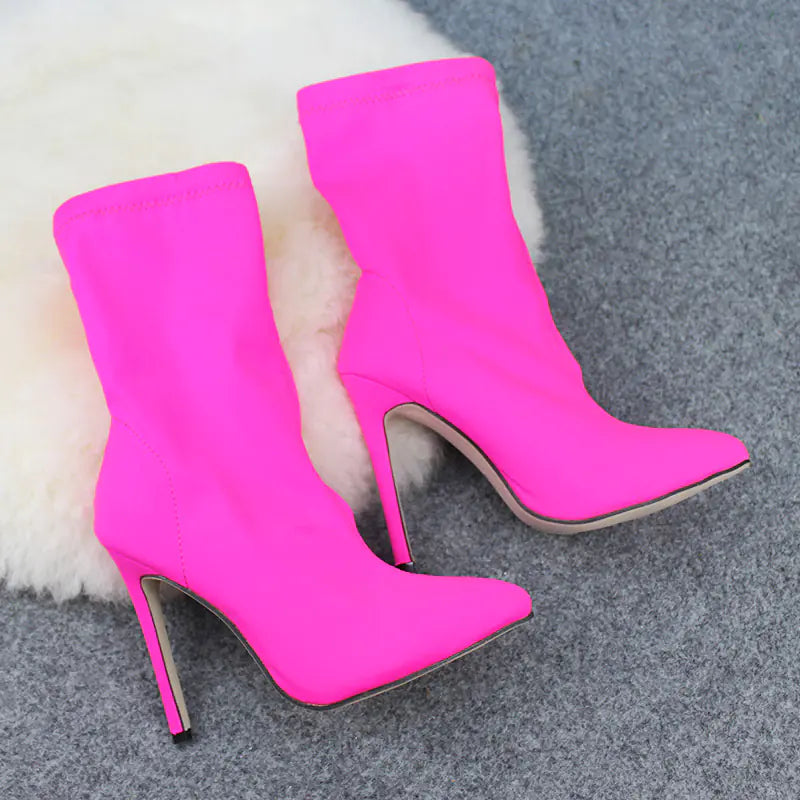 Candy Color Pointed Toe Elastic High Heels Booties