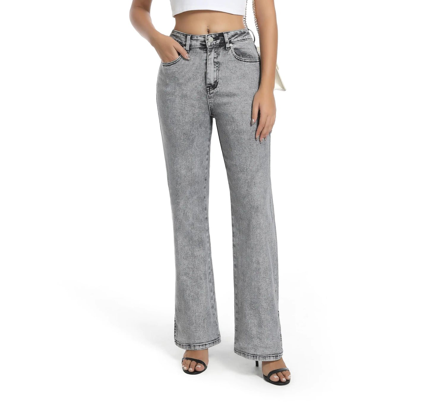 Womens High Waisted Stretchy Straight Leg Jeans. Split Hem Trendy Classic Denim Pants