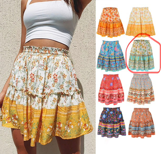 Floral Ruffled Hem Short Skirt with Patchwork Design