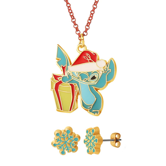 Disney Stitch Christmas Necklace + Earrings. Official License 16+3 Stitch Necklace and Snowflake Stud Earrings