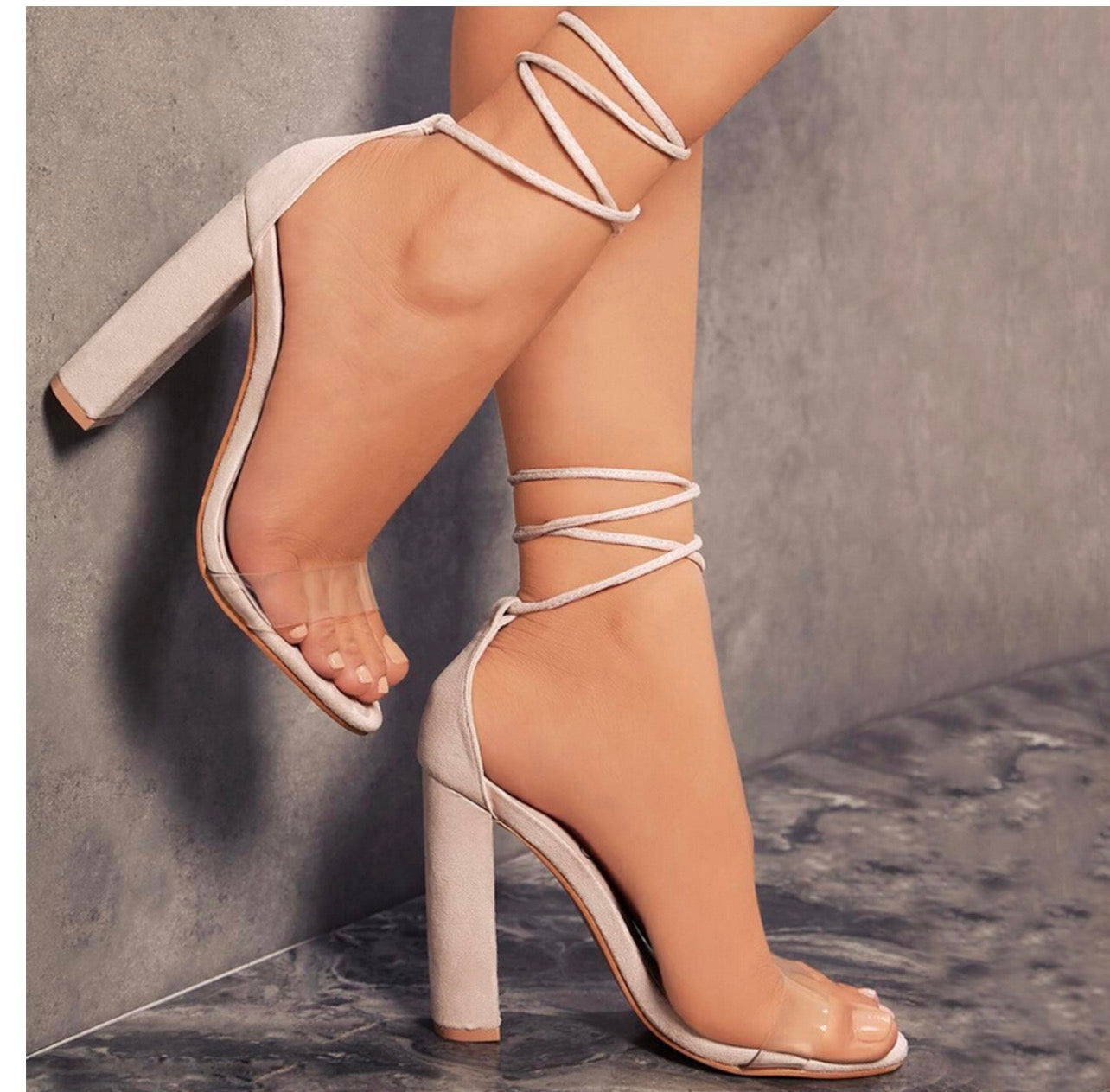 Strappy Chunky Heels with Sequins and Transparent Design