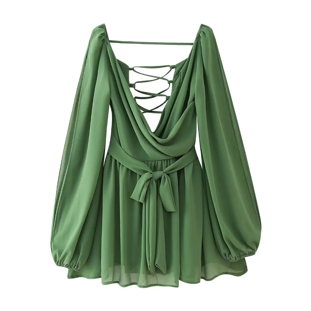 Backless Lace-Up Gauze Mini Dress with Lantern Sleeves