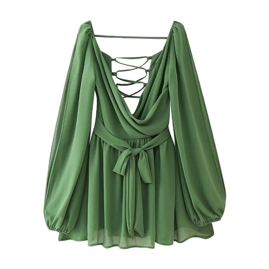 Backless Lace-Up Gauze Mini Dress with Lantern Sleeves