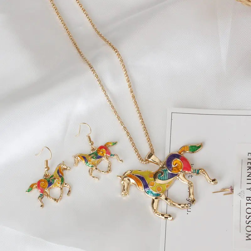 Fashionable Drip Oil Rainbow Horse Jewelry Set for Women