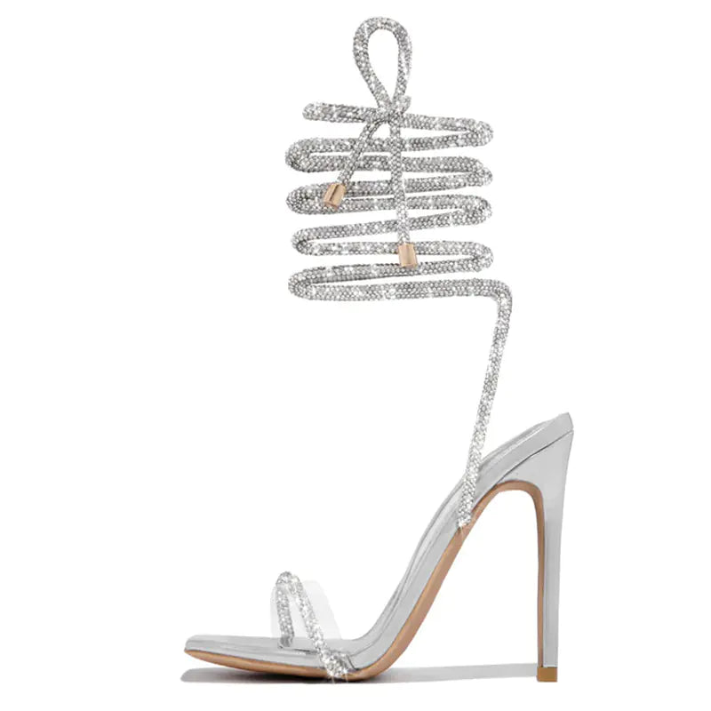 Gold Crystal Ankle Strap Open Toe Heels for Women