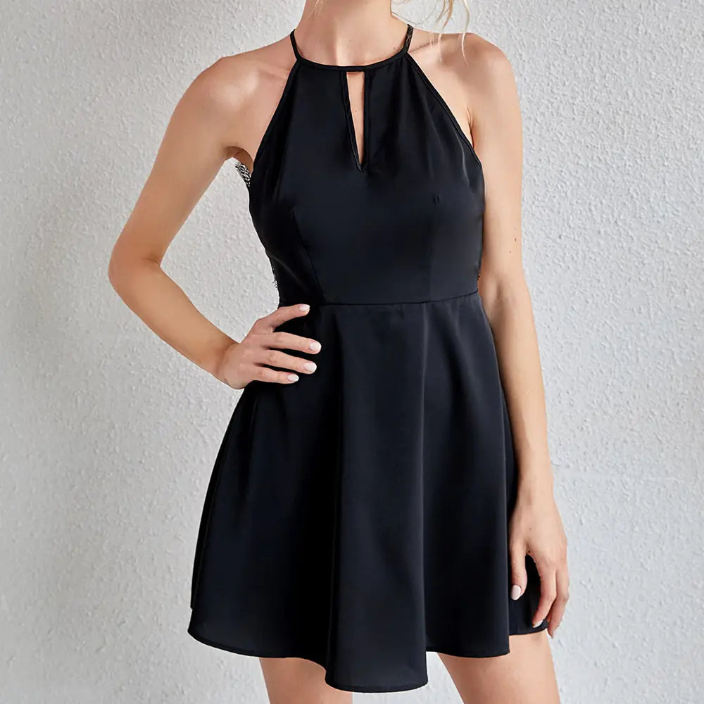 Sexy Backless Lace Splice Halter Mini Dress for Women