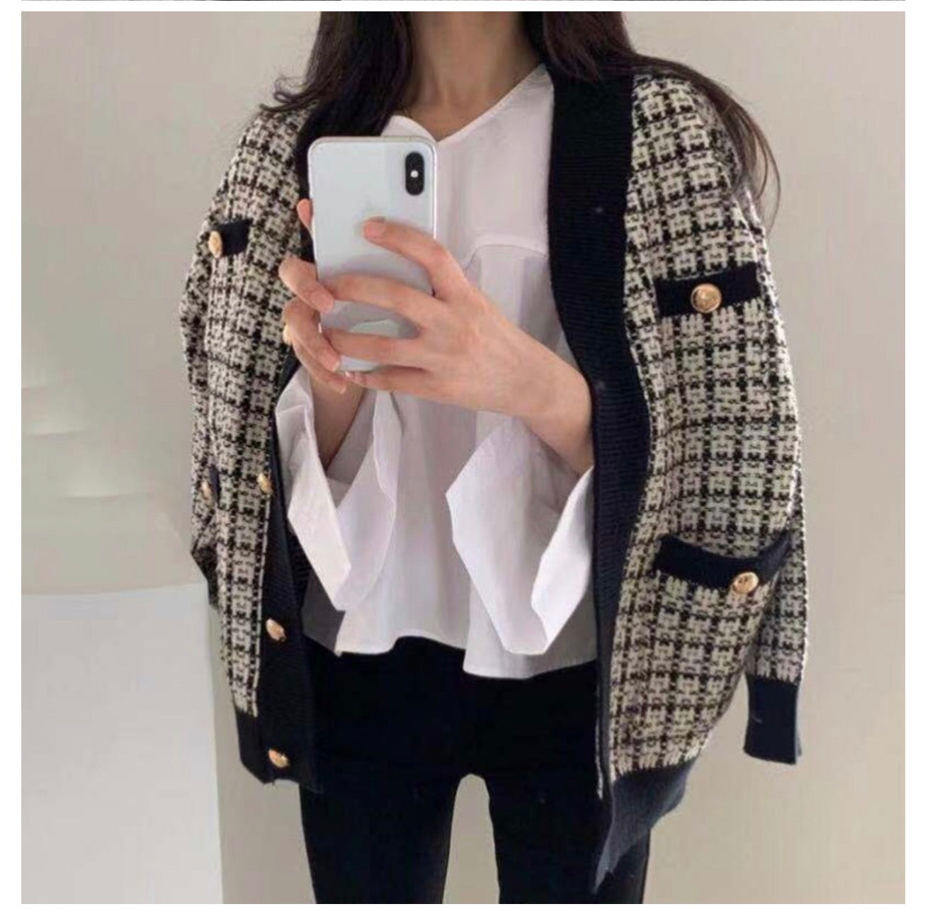 Women's Knitted Plaid Cardigan Jacket - Loose Fit