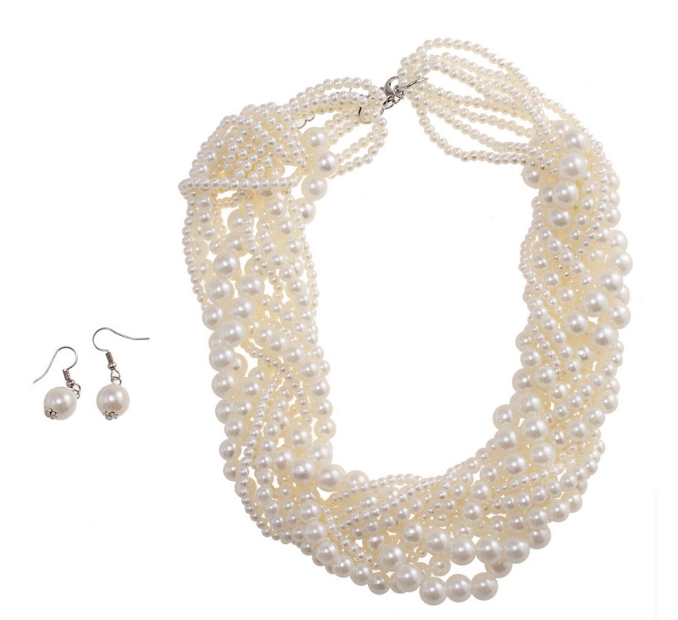 Bridal Jewelry Set with Layered Pearl Necklace & Earrings