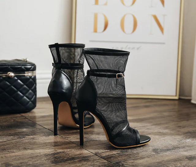 Fishnet Peep-Toe High Heels, Hollow Sexy Booties