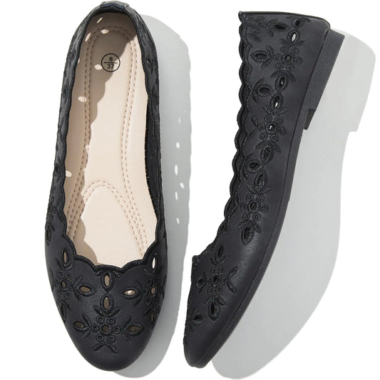 Women’s Comfortable Flat Shoes. Slip on Round Toe PU Leather Summer with Floral Eyelets pumps