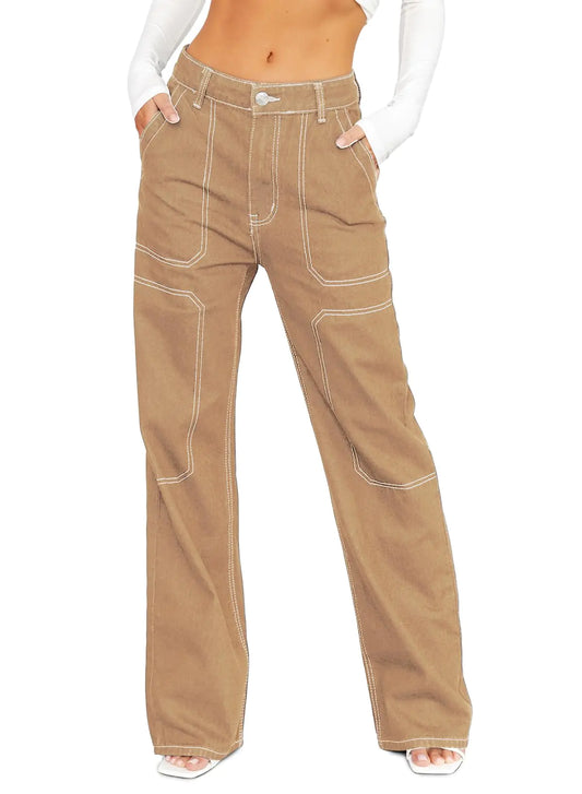 Womens Cargo Jeans. High Waisted Stretch Wide Leg Denim Pants. Size 8 Khaki